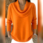women's cowl neck relaxed knit sweater in orange