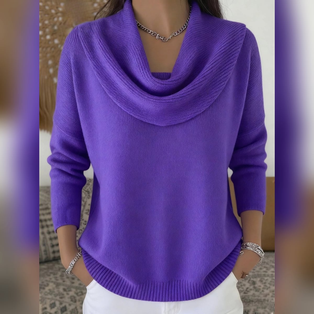 women's cowl neck relaxed knit sweater in purple