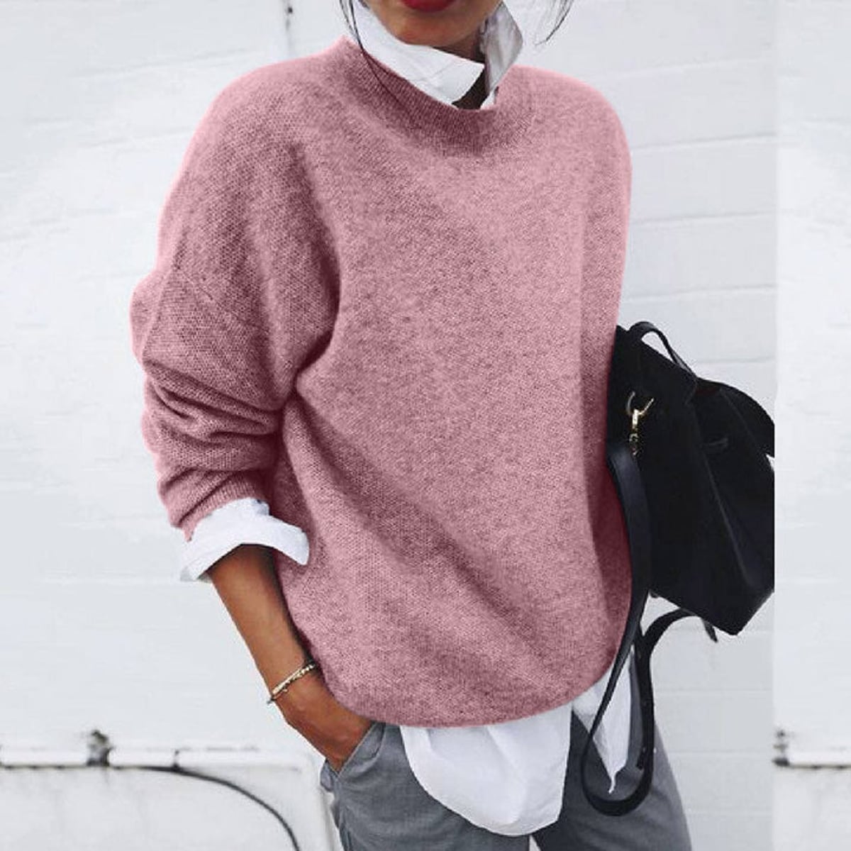 women's crew neck relaxed fit sweater in pink