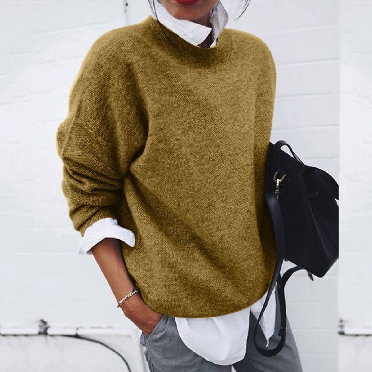 women's crew neck relaxed fit sweater in green