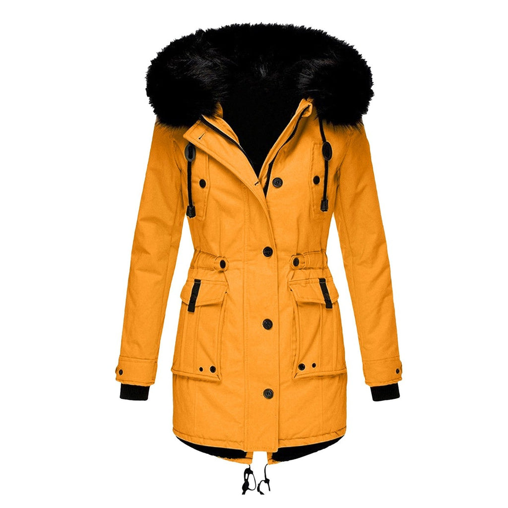 women's faux fur hood longline parka in gold for women