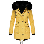 women's faux fur hood longline parka in yellow for women