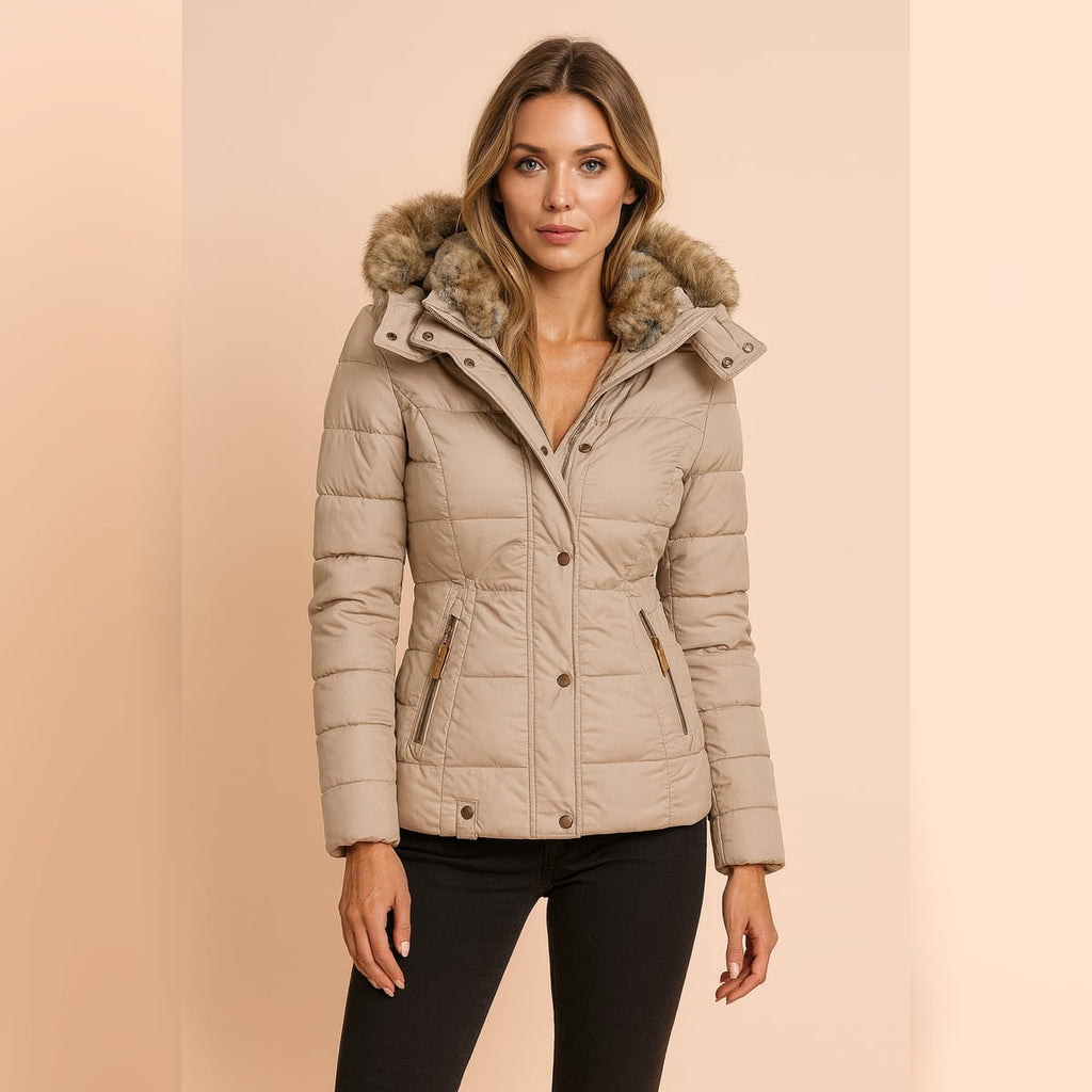 women's fitted hooded puffer jacket in beige