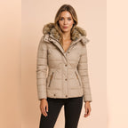 women's fitted hooded puffer jacket in beige