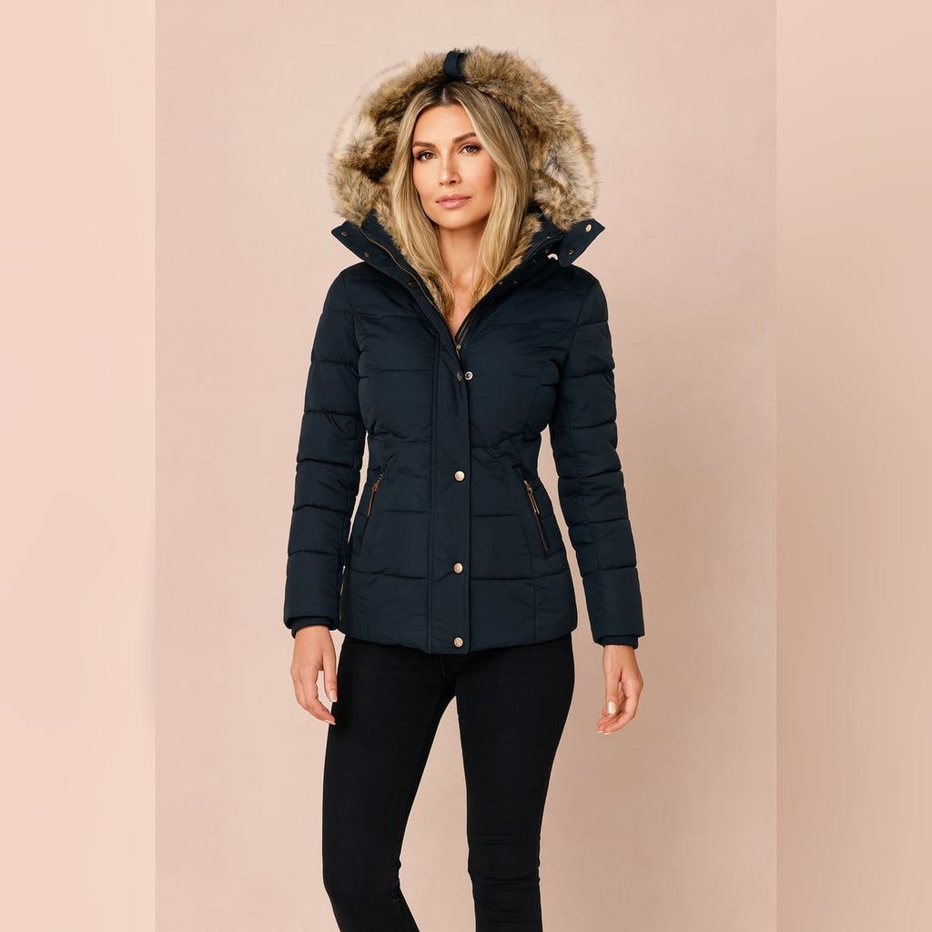 women's fitted hooded puffer jacket in dark blue