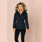 women's fitted hooded puffer jacket in dark blue