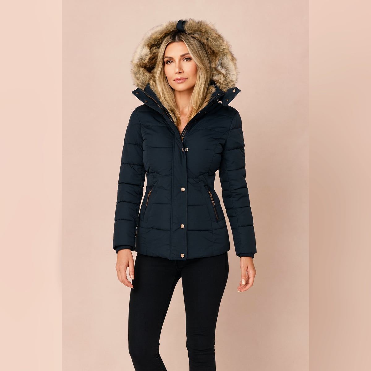 women's fitted hooded puffer jacket in dark blue