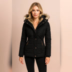 women's fitted hooded puffer jacket in black