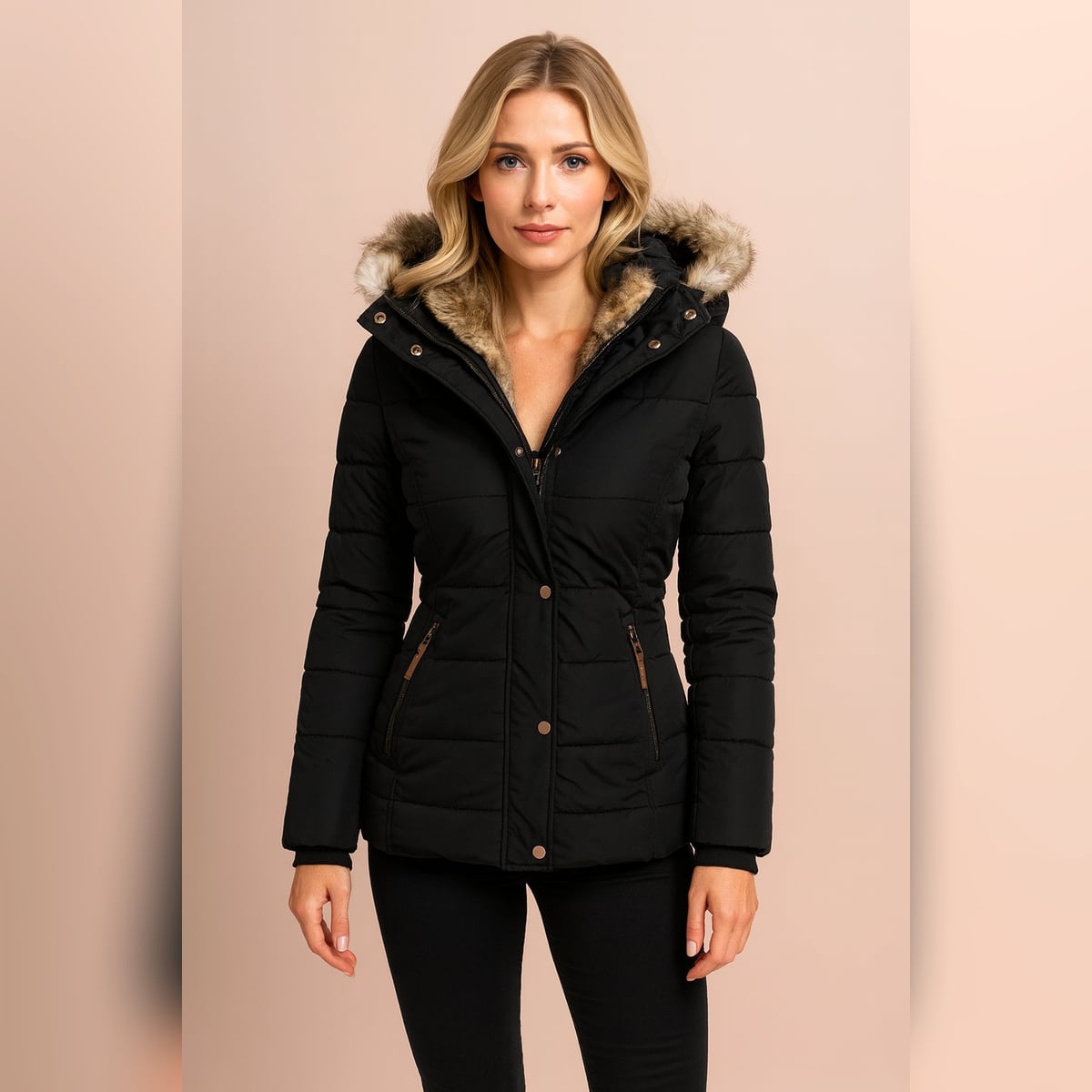 women's fitted hooded puffer jacket in black