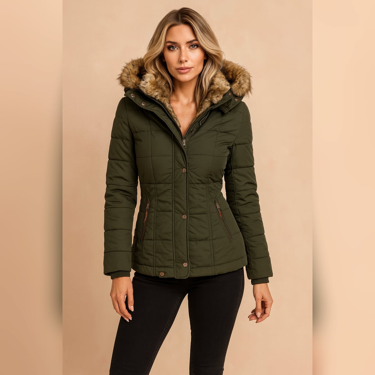 women's fitted hooded puffer jacket in army green