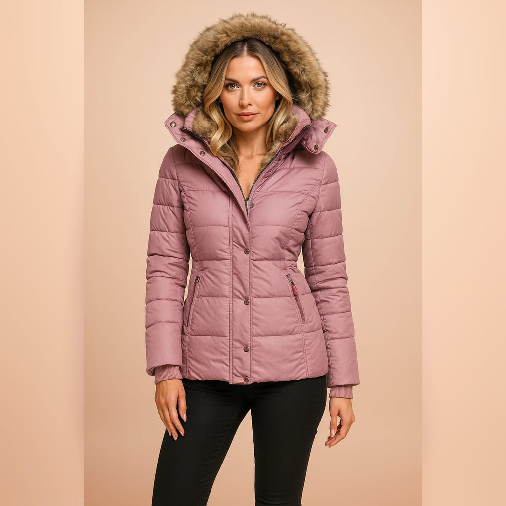 women's fitted hooded puffer jacket in pink