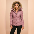 women's fitted hooded puffer jacket in pink