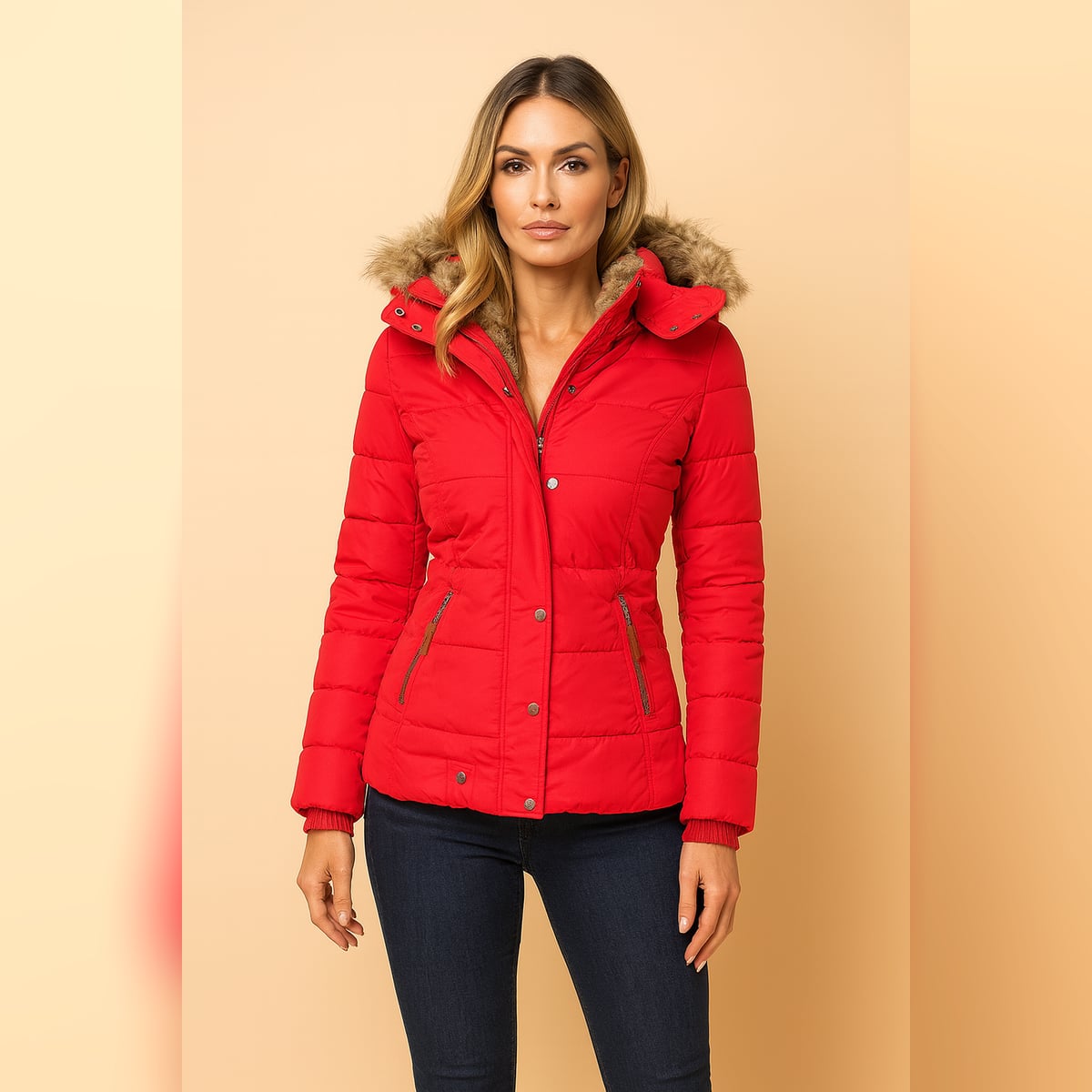 women's fitted hooded puffer jacket in red
