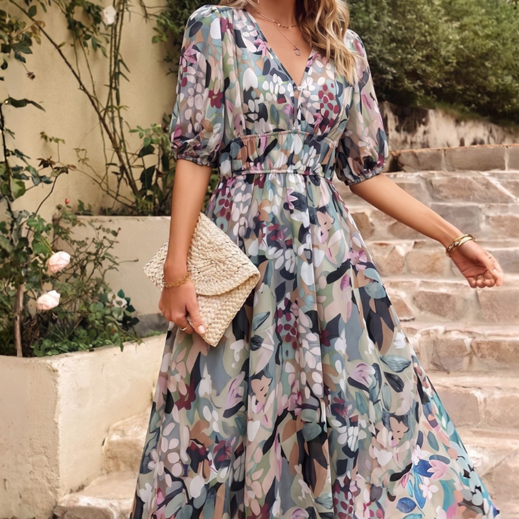 women's floral puff sleeve midi dress in floral
