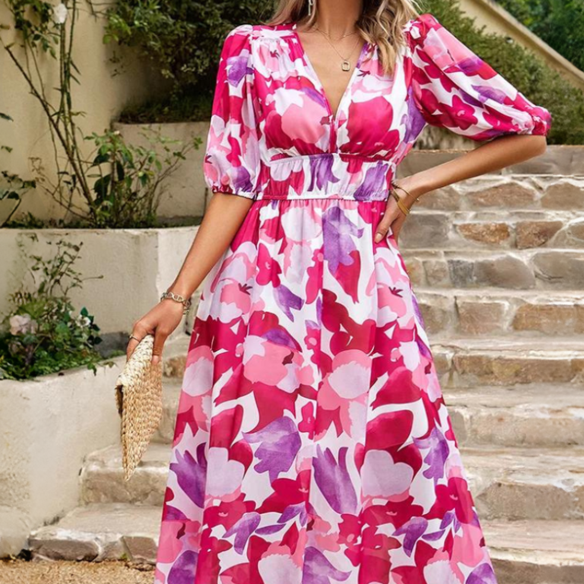 women's floral puff sleeve midi dress in pink
