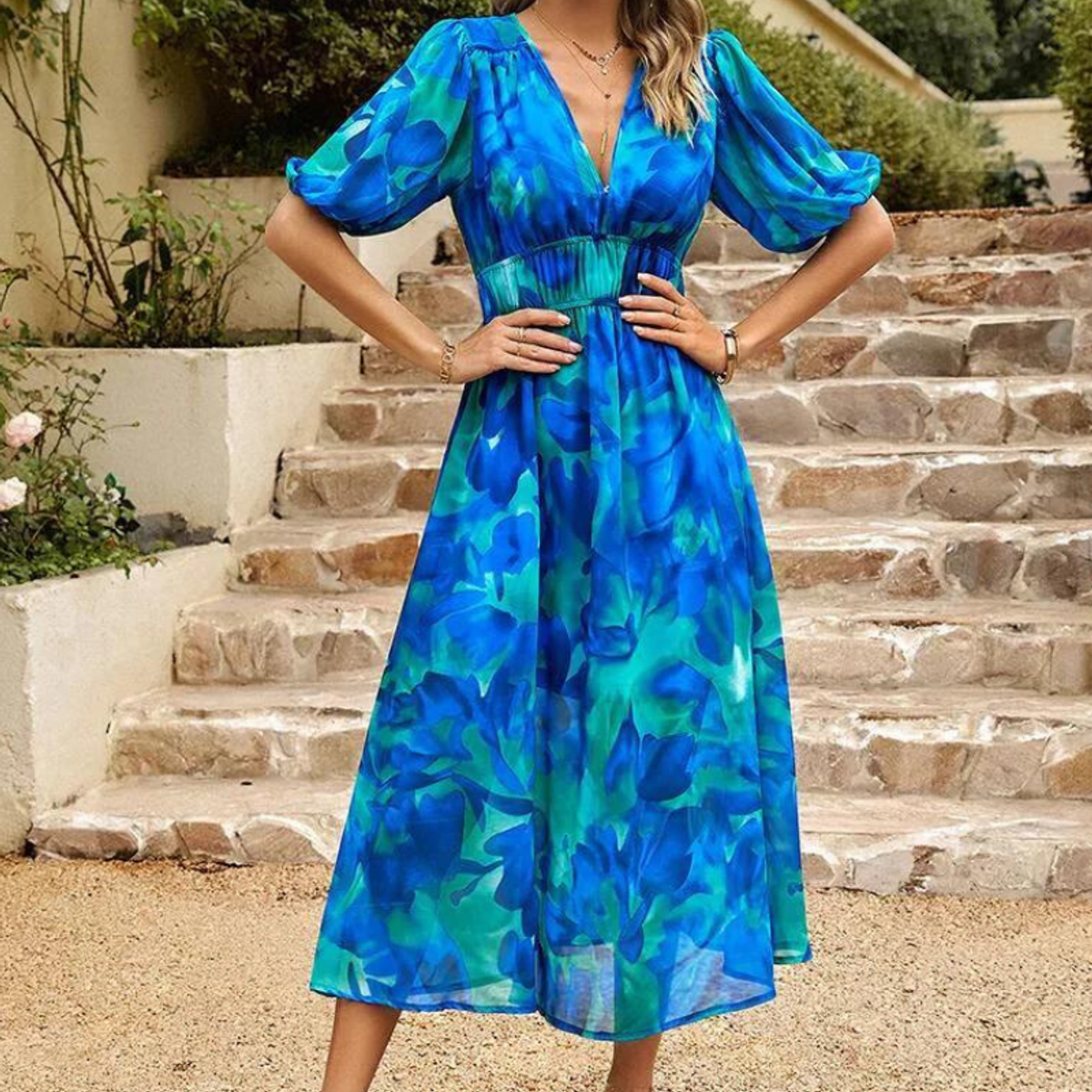 women's floral puff sleeve midi dress in blue