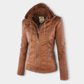women's hooded faux leather biker jacket in khaki for women