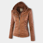 women's hooded faux leather biker jacket in khaki for women