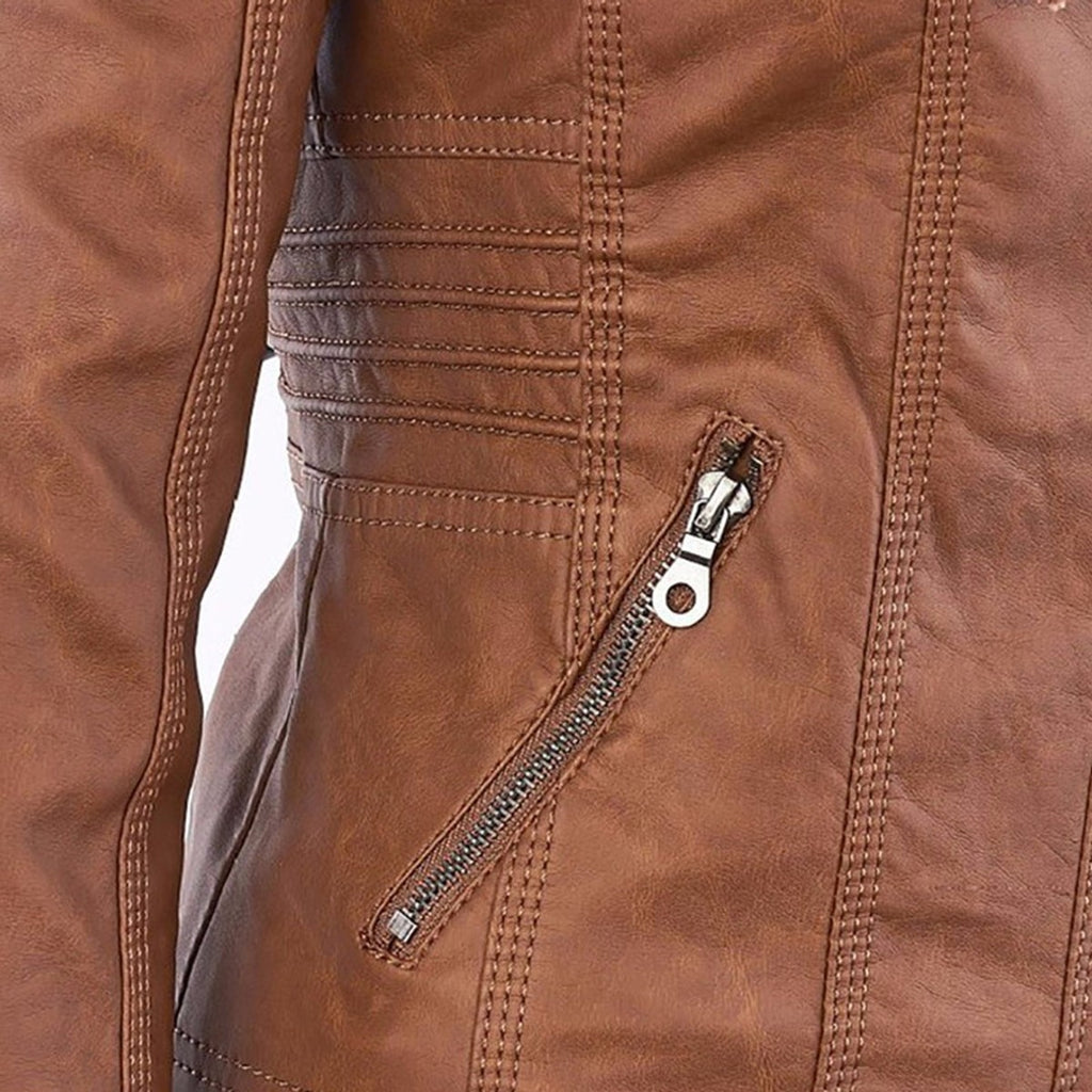 women's hooded faux leather biker jacket in khaki for women