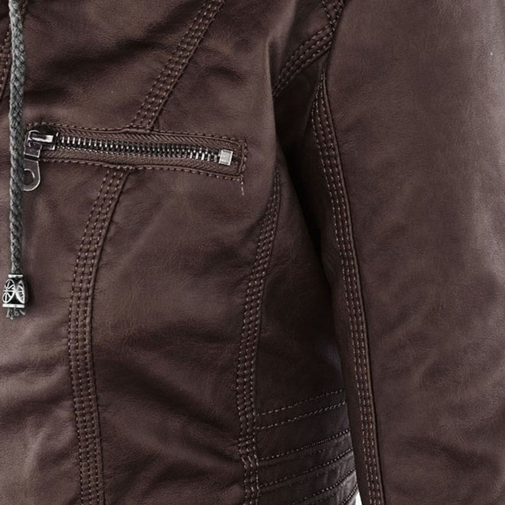 women's hooded faux leather biker jacket in khaki for women