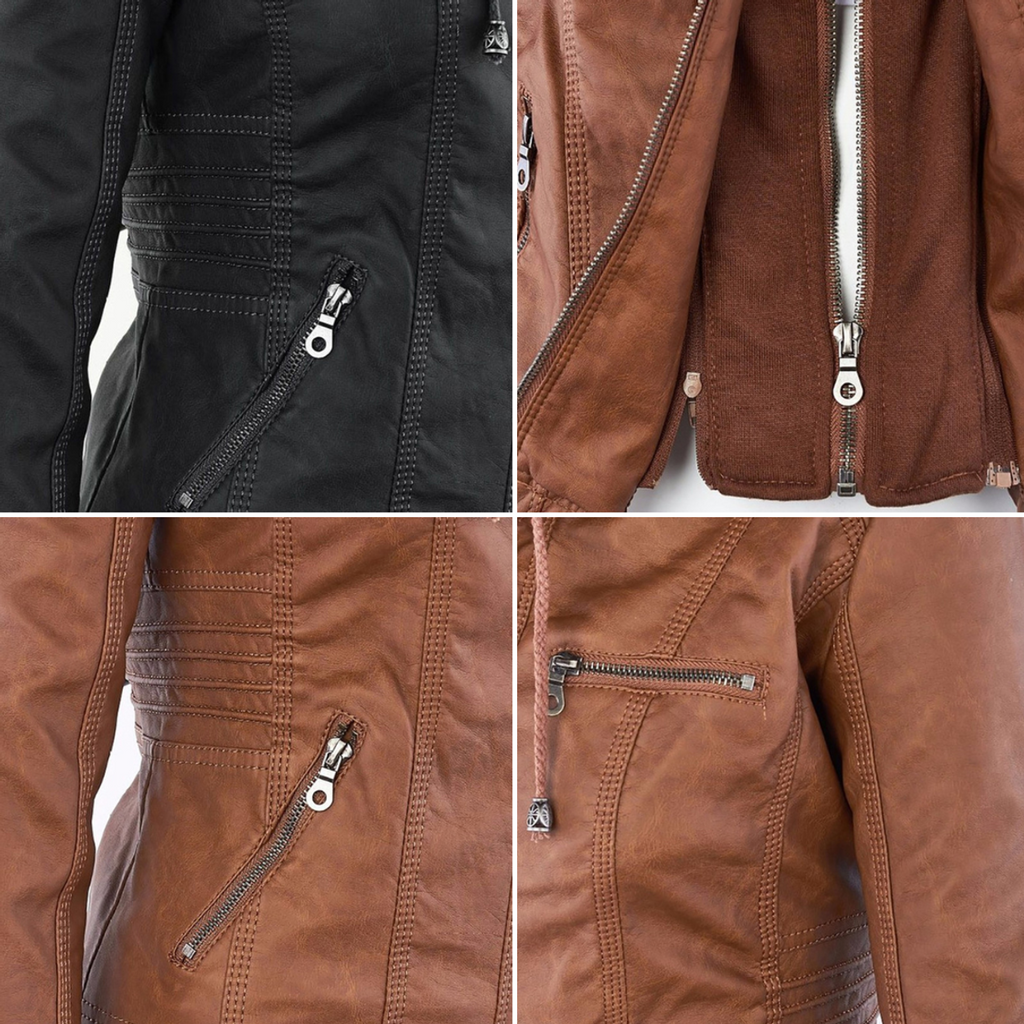 women's hooded faux leather biker jacket in khaki for women