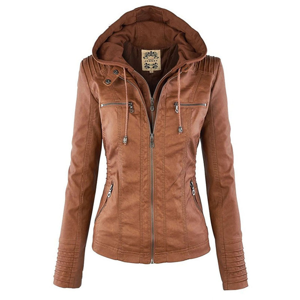 women's hooded faux leather biker jacket in khaki for women