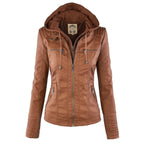 women's hooded faux leather biker jacket in khaki for women