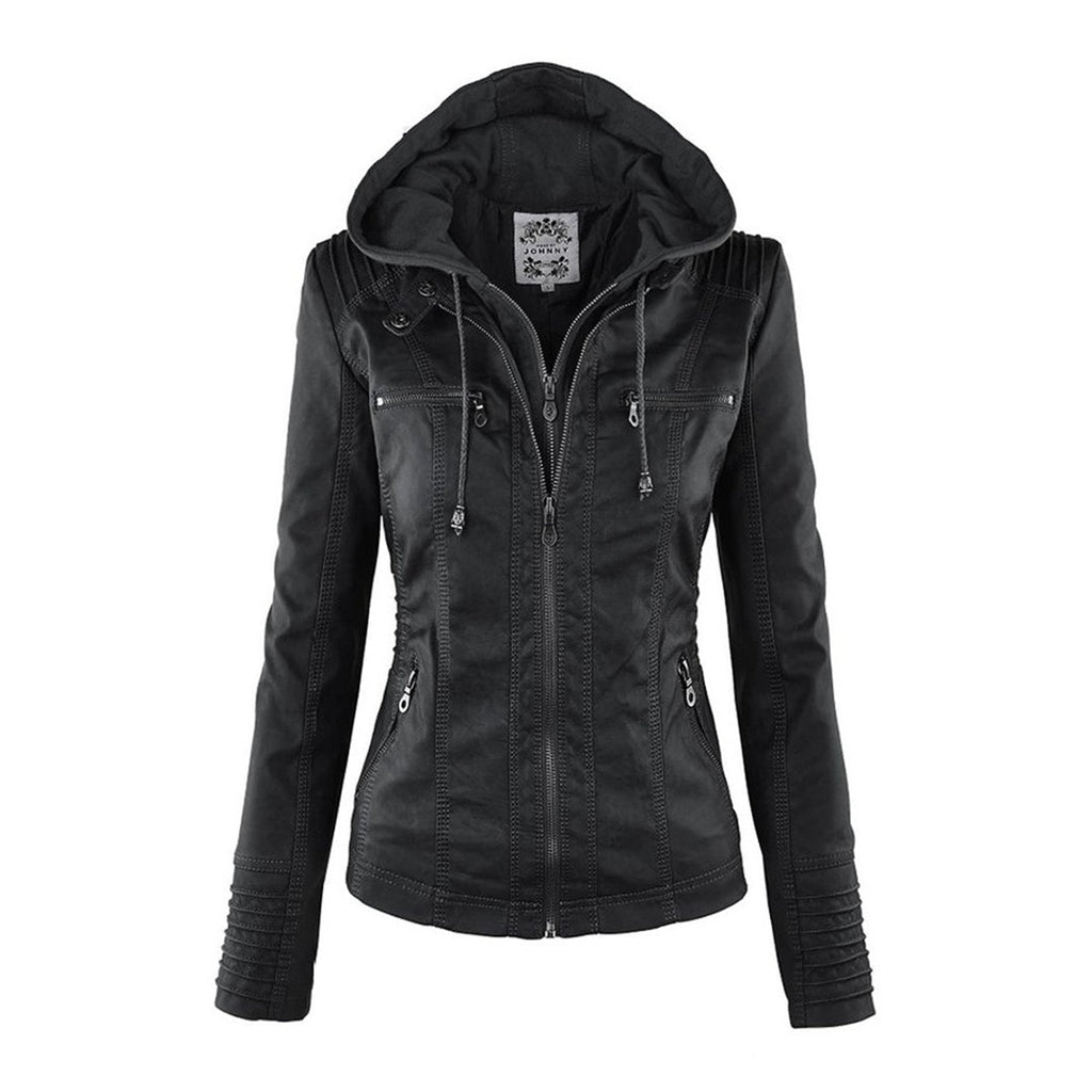 women's hooded faux leather biker jacket in khaki for women