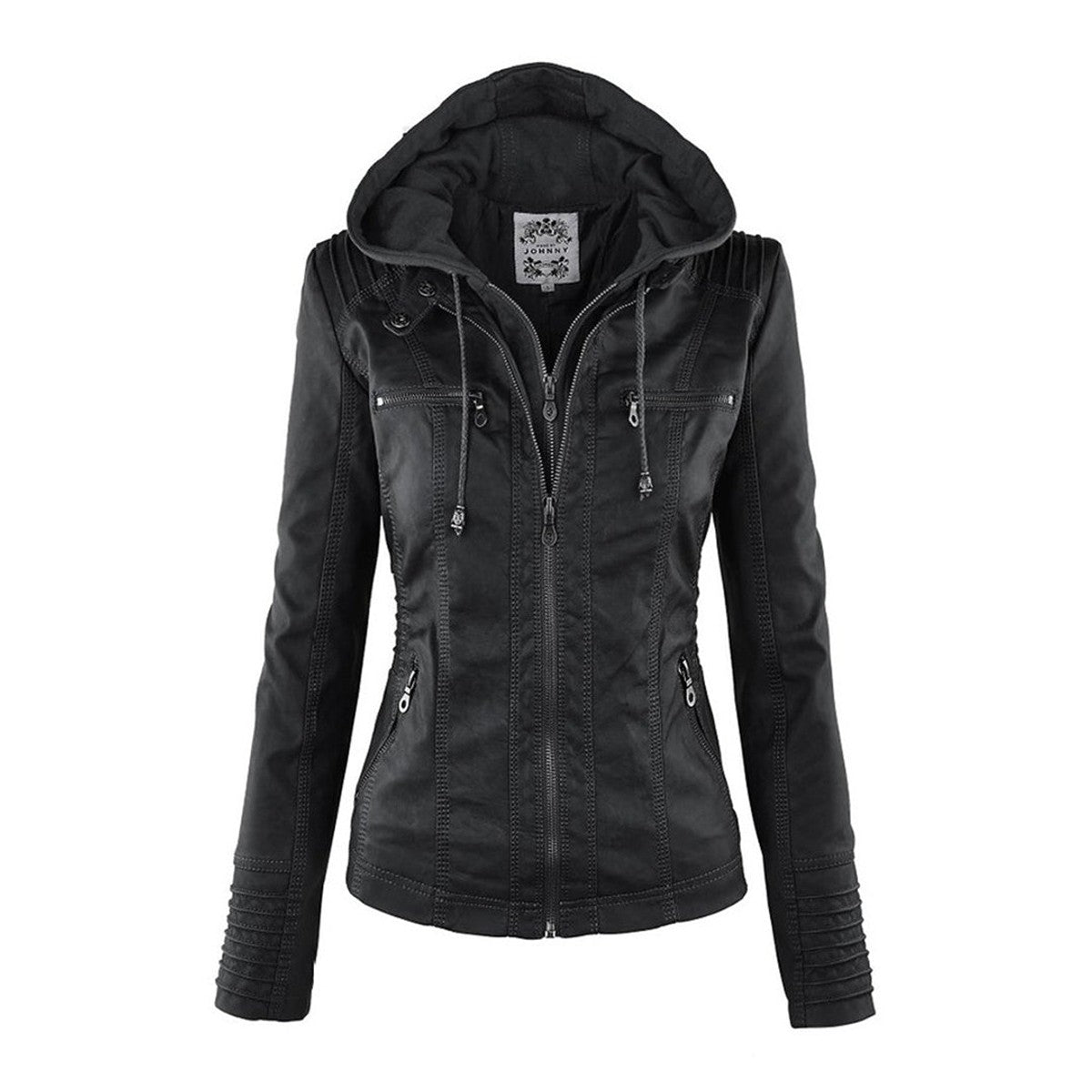 women's hooded faux leather biker jacket in khaki for women