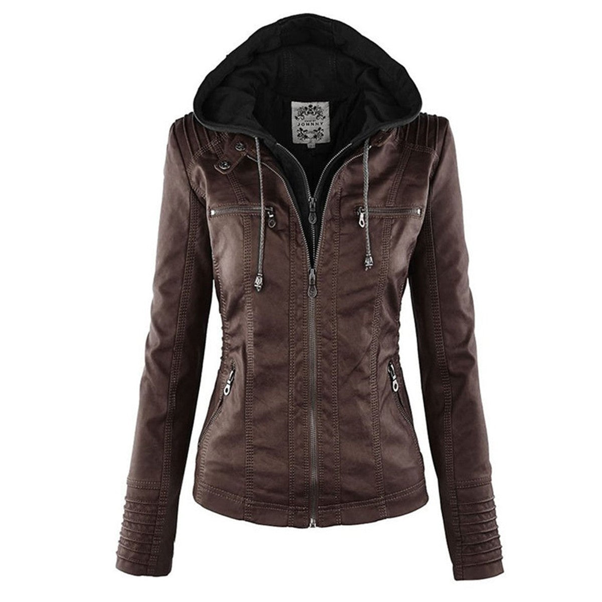women's hooded faux leather biker jacket in khaki for women