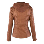 women's hooded faux leather biker jacket in khaki for women