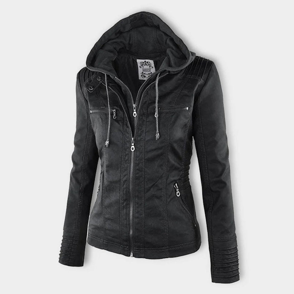 women's hooded faux leather biker jacket in schwarz for women