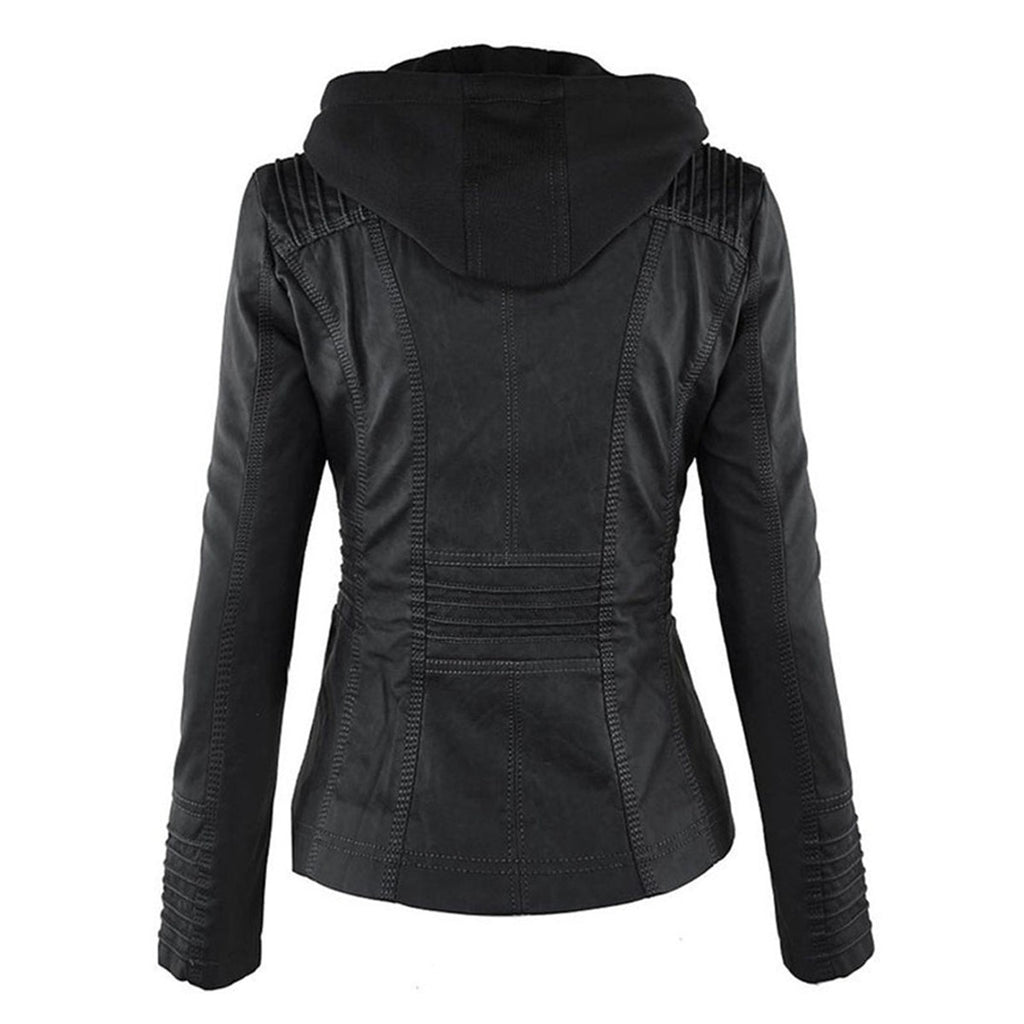 women's hooded faux leather biker jacket in khaki for women