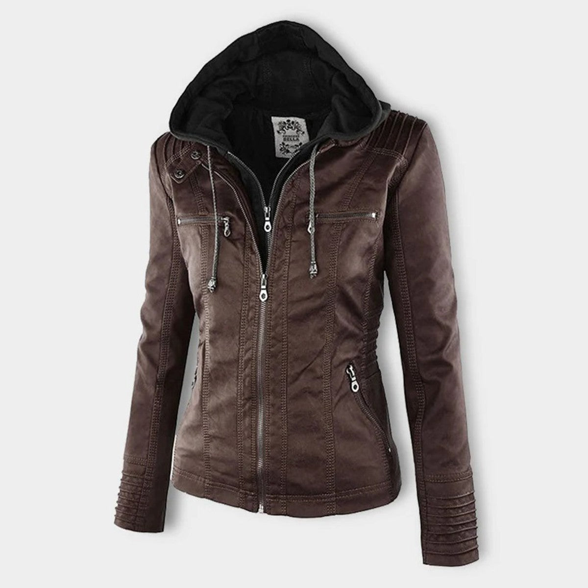 women's hooded faux leather biker jacket in braun for women