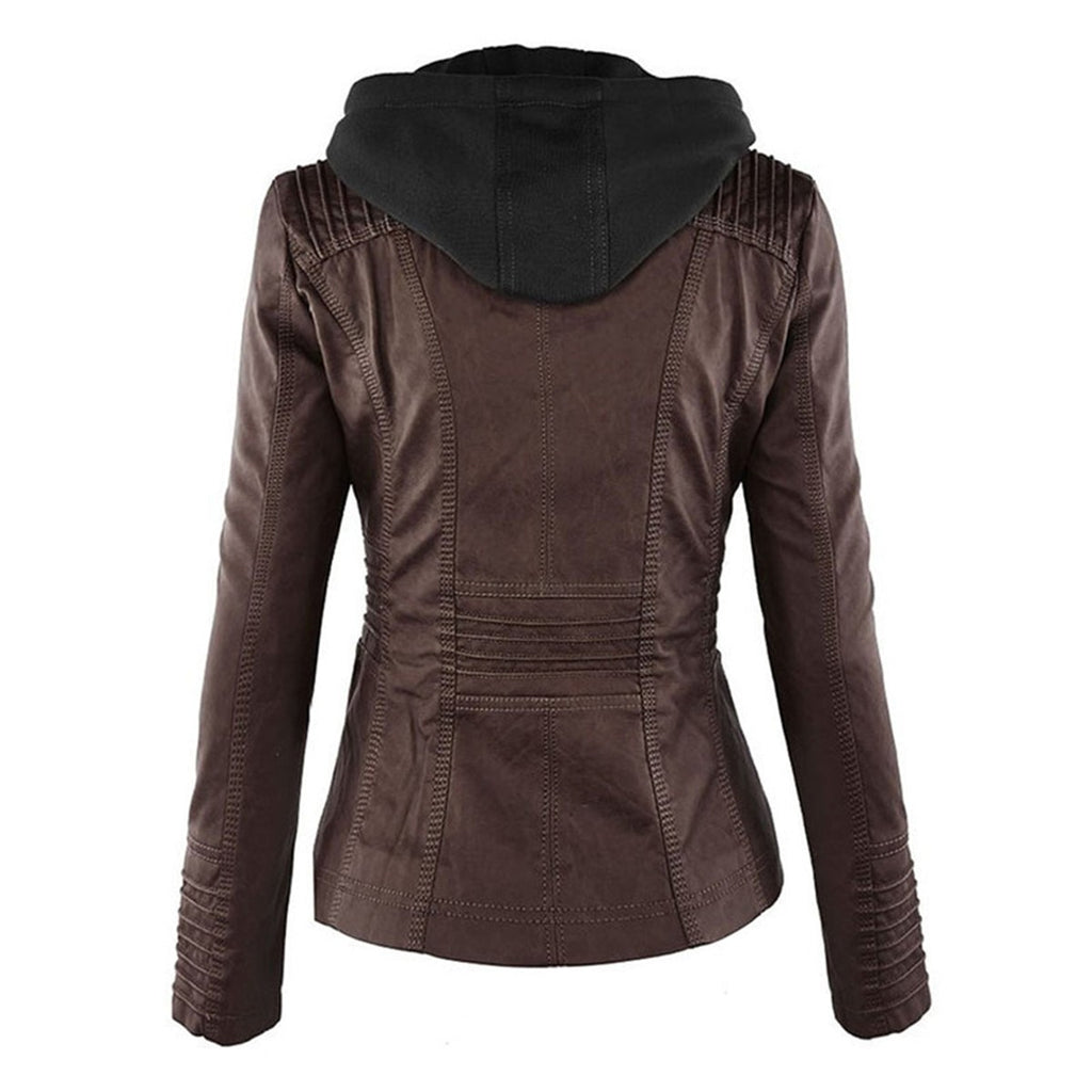 women's hooded faux leather biker jacket in khaki for women