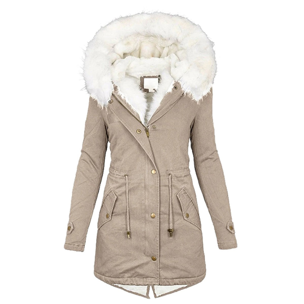 women's hooded puffer jacket with button detail in khaki for women