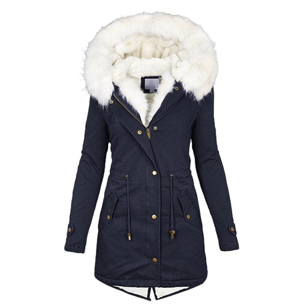 women's hooded puffer jacket with button detail in navy for women
