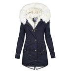 women's hooded puffer jacket with button detail in navy for women
