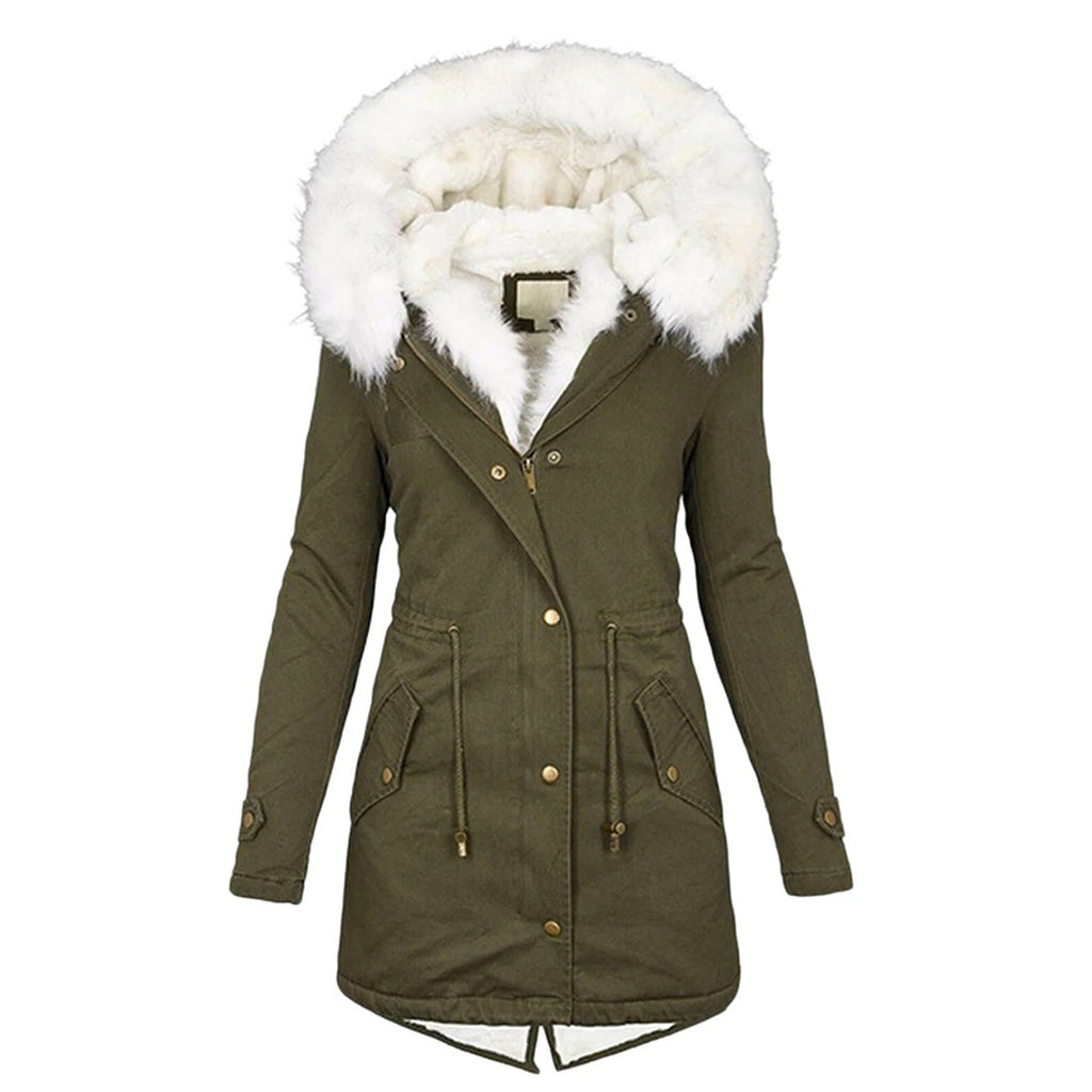 women's hooded puffer jacket with button detail in green for women