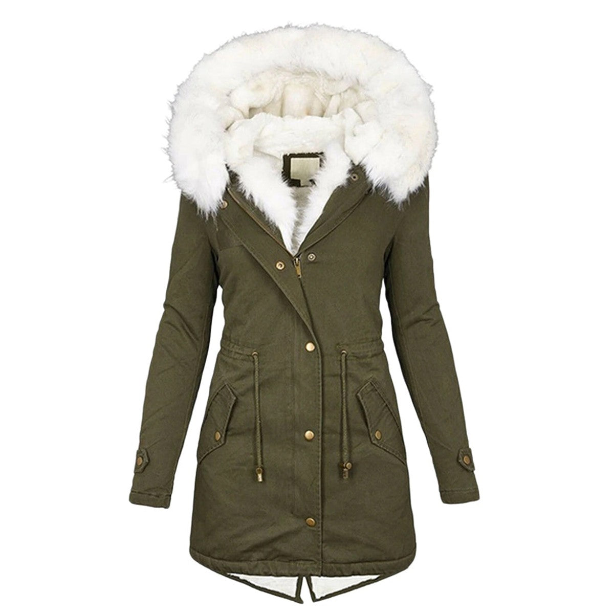 women's hooded puffer jacket with button detail in green for women