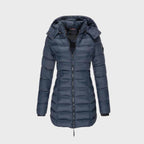 women's hooded long coat in blue for women