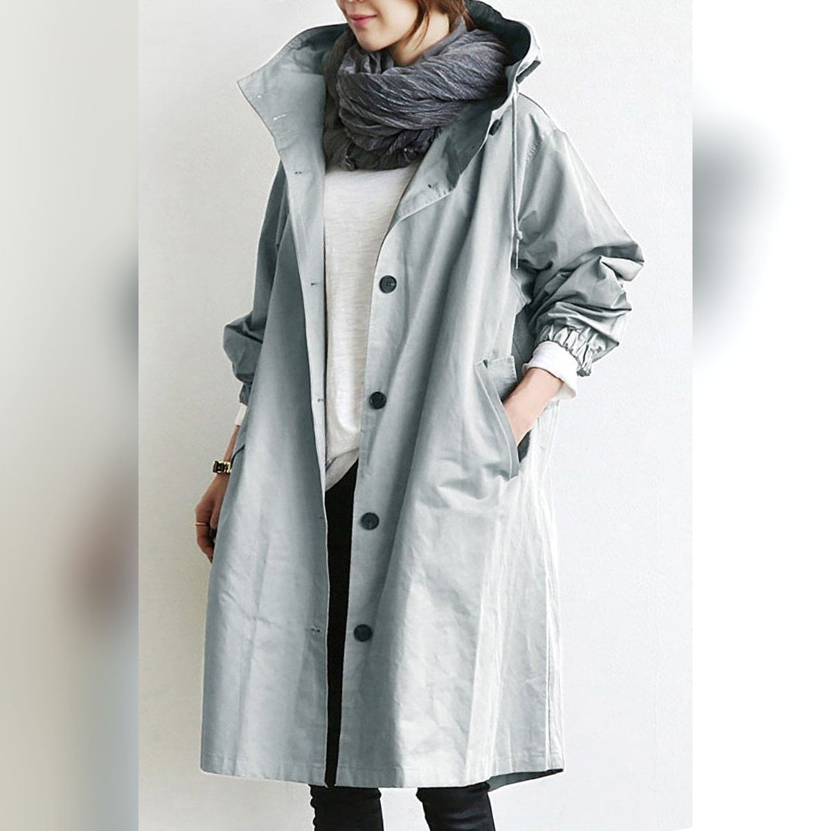 women's hooded trench coat in gray
