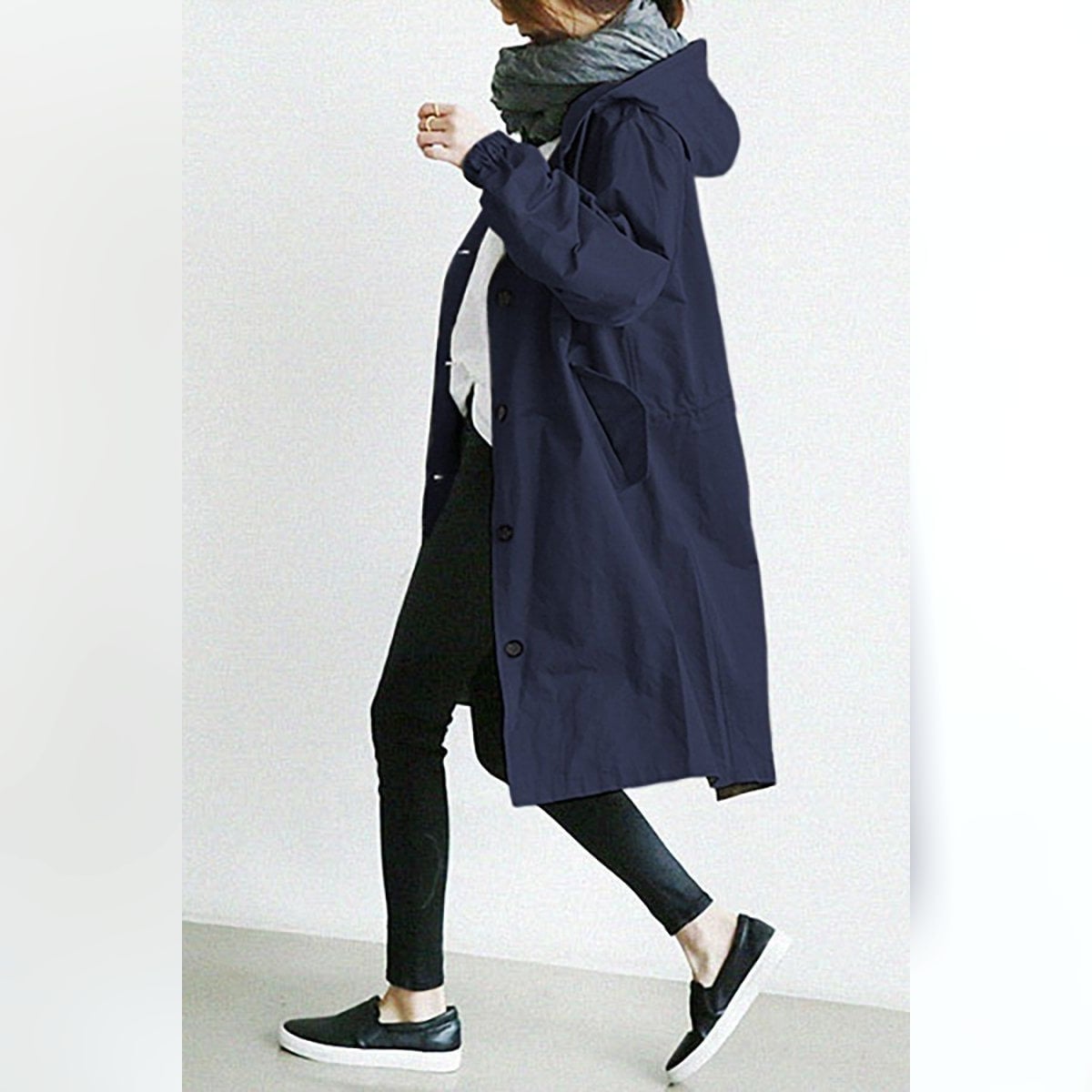 women's hooded trench coat in navy blue