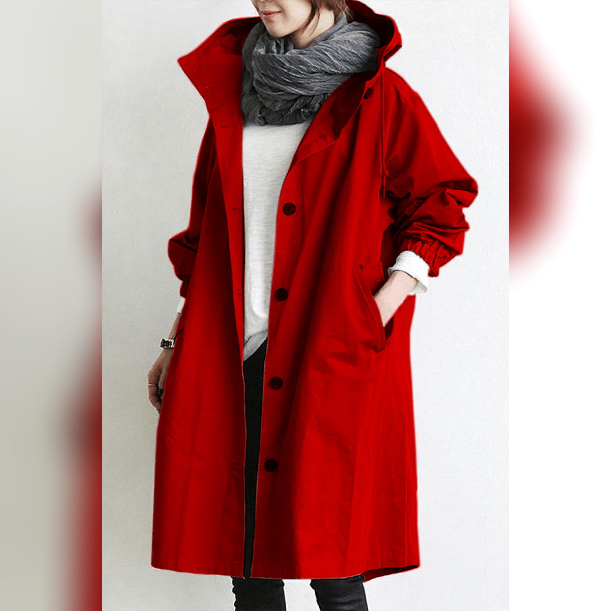women's hooded trench coat in red