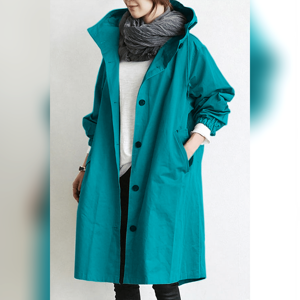 women's hooded trench coat in turquoise