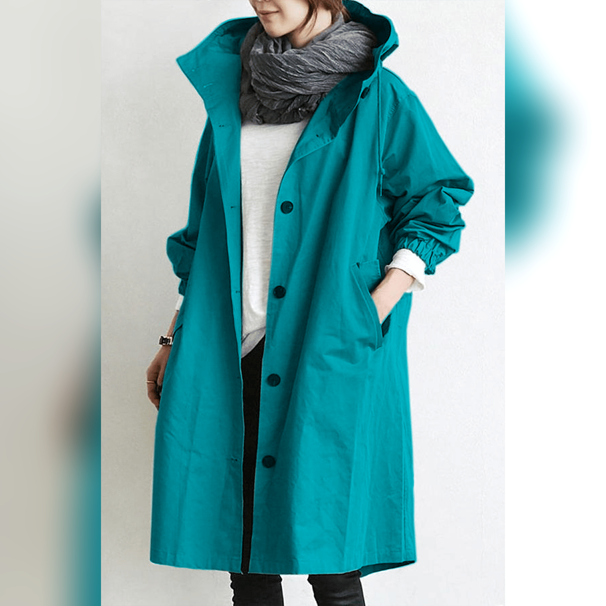 women's hooded trench coat in turquoise