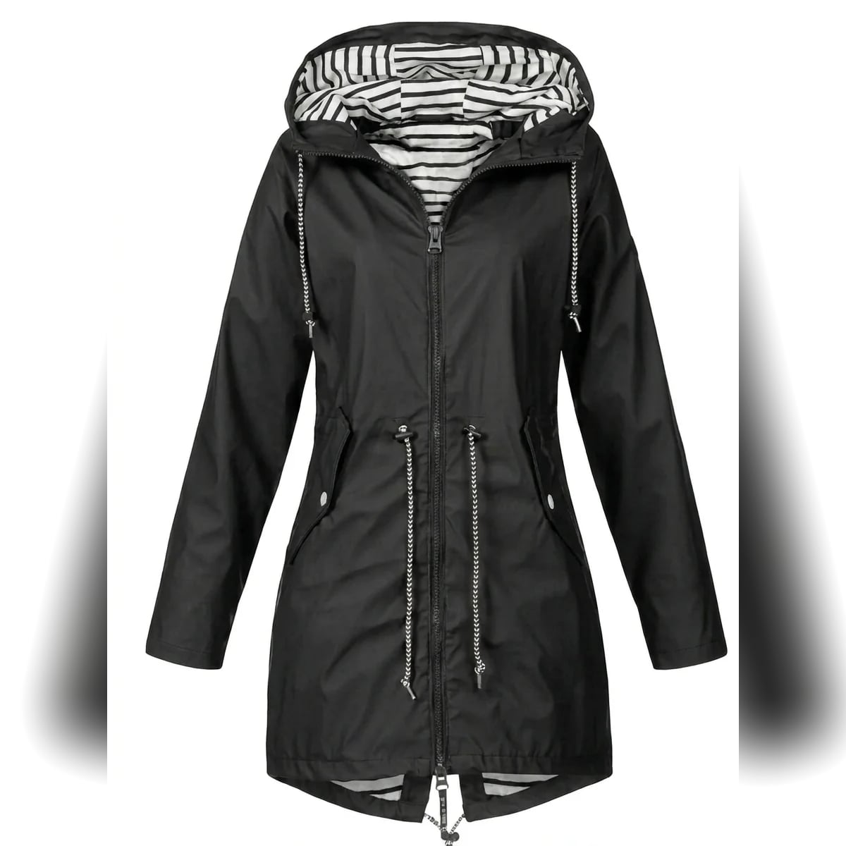 women's hooded waterproof raincoat in black