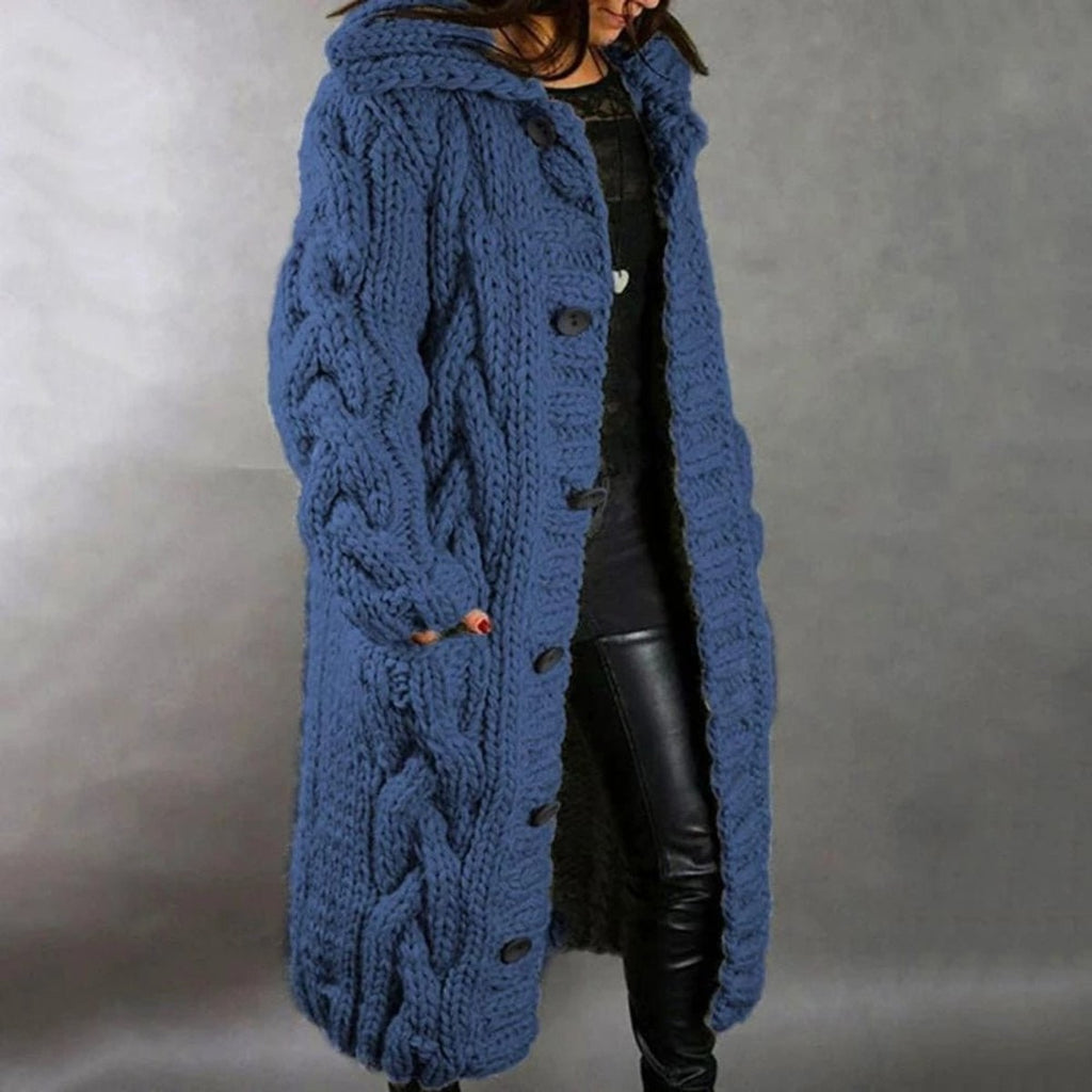 women's knit hooded coat in blue