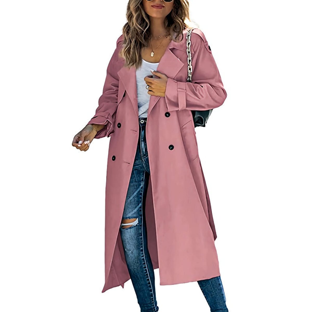 women's long belted trench coat in pink
