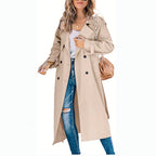 women's long belted trench coat in khaki